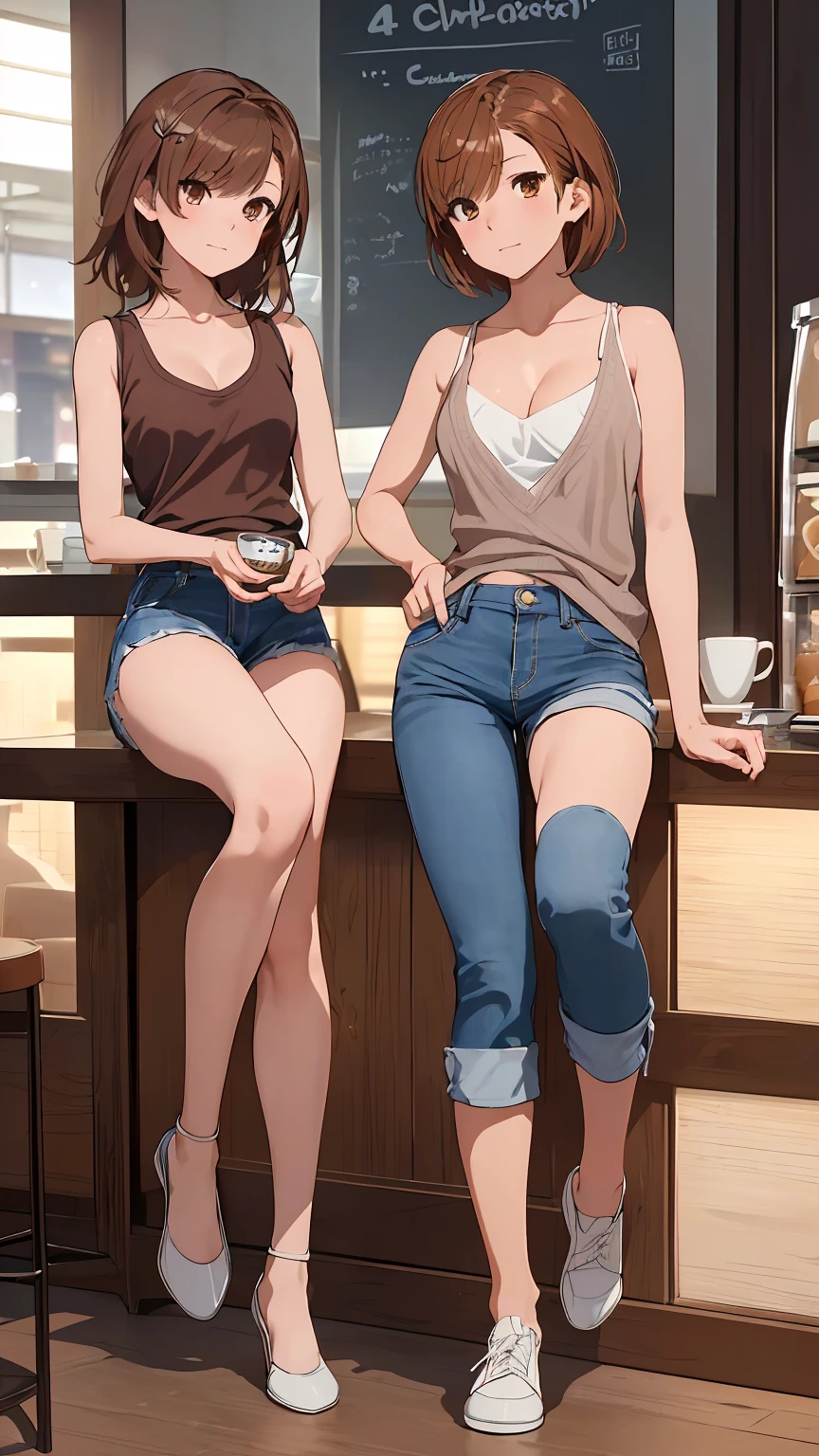 (Highest quality:1.5, High resolution, uhd, 4K, Detailed lighting, Shaderisaka Mikoto　One girl with a perfect figure、Very narrow face and eyes、Brown eyes　Brown Hair　short hair、Tank top:Random color 1pc.2、Short jeans、At the cafe、Coffee on the table、Small breasts 、Exposed cleavage