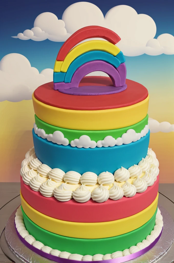 A logo for a cake and cupcake company called rainbow with a background of clouds and an animated rainbow