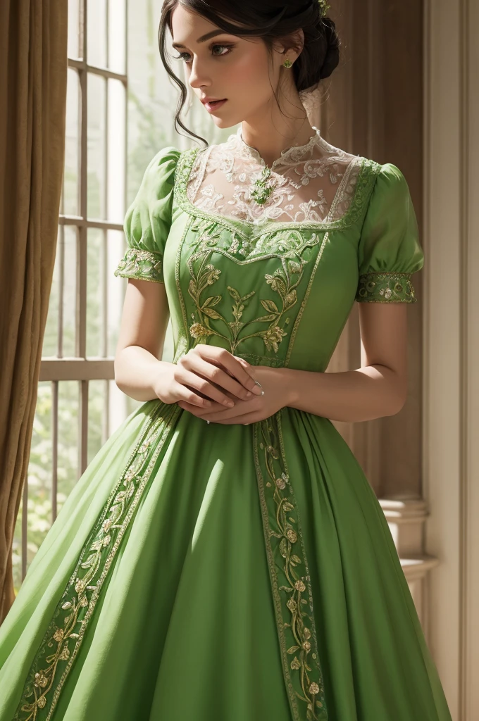 Bright green Regency dress with emerald stones, embroideries, bright and beautiful