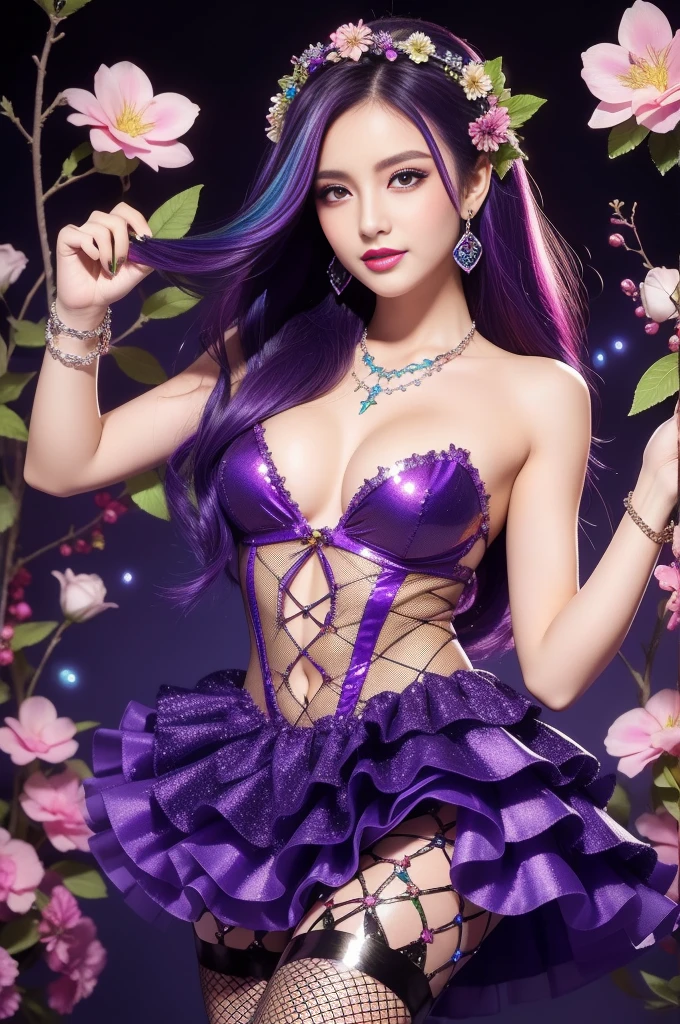 sexy Italian model who controls poison、beautiful smile、lipgloss、intense makeup、look at the camera、full body Esbian、、sparkling poisoned flower costume、、、、shiny sparkling multicolor hair、secrete poison、skull hair accessories、 fishnet tights、shiny sparkling flowers background