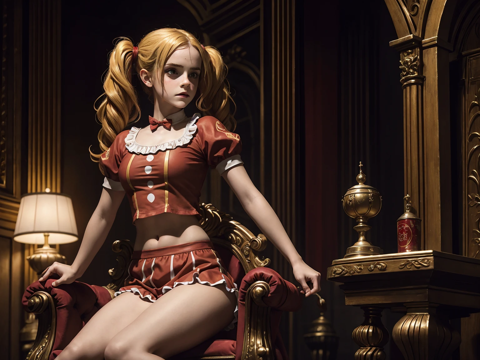 masterpiece. a beautiful emma watson dressed as girl clown with red paint. blonde, twintails. intricate tight short uniform, crop top. dark ambient. on a royal throne. cinematic lighting.