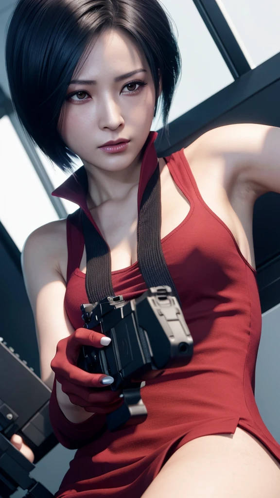 Ada wong, beautiful face, bob hair, perfect Face, wearing mini red rose dress hoody, black nail polish, glare expression, holding a gun