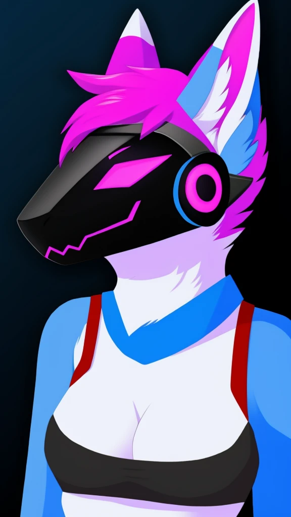 Furry wolf female protogen anthropomorphic white fur pink eyes blue ears wearing a black tank top headshot view 