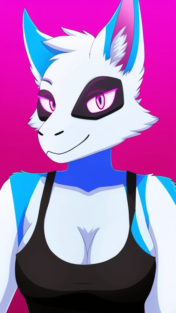 Furry wolf female protogen anthropomorphic white fur pink eyes blue ears wearing a black tank top headshot view
