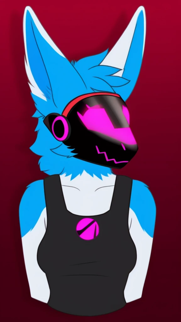 Furry protogen female anthropomorphic white fur pink eyes blue ears wearing a black tank top medium breast size headshot view