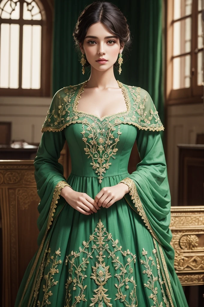 Strong green Regency dress with emerald stones, embroideries, bright and beautiful