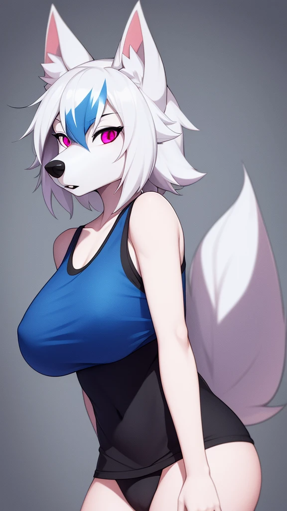 Furry wolf female protogen anthropomorphic white fur pink eyes blue ears wearing a black tank top headshot view