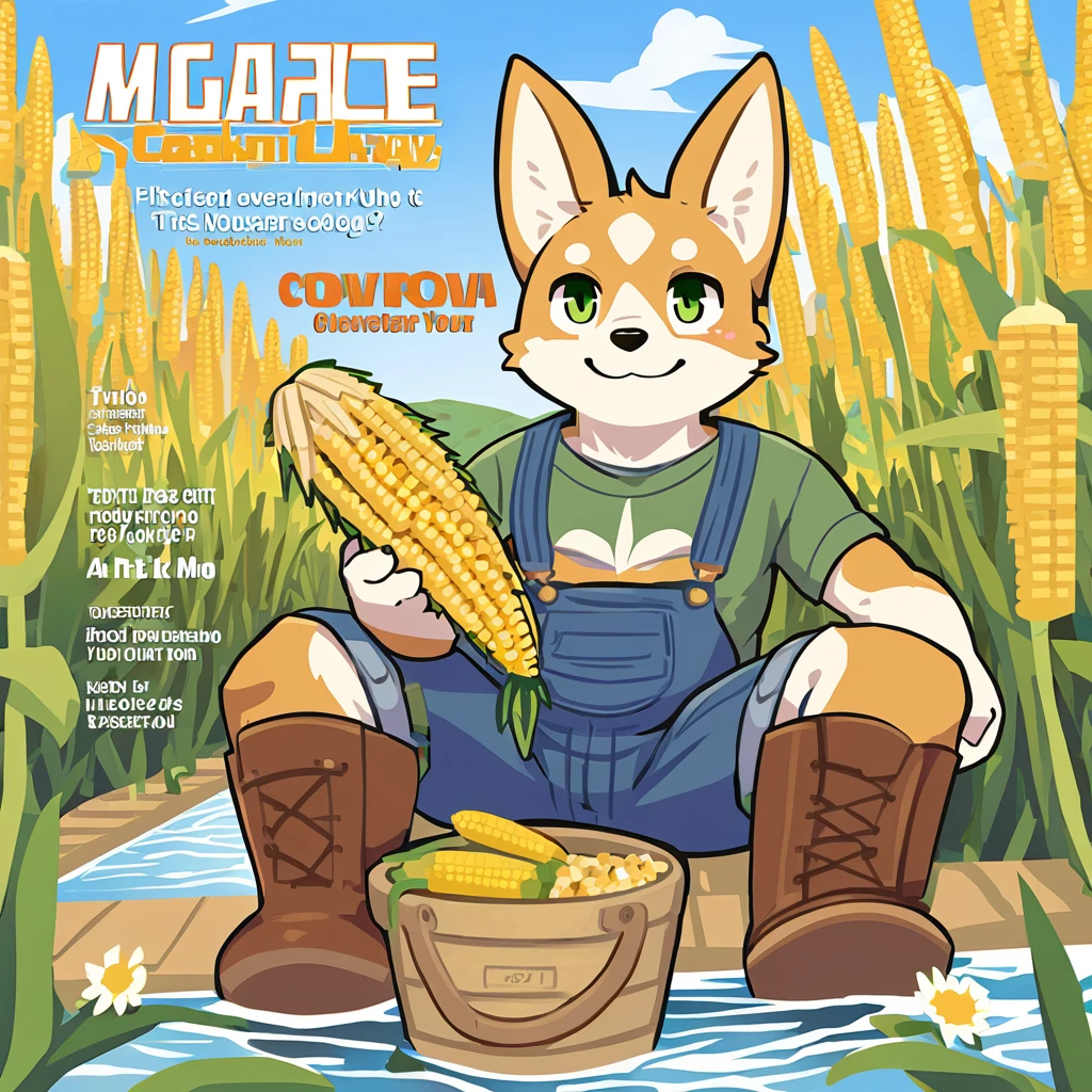 ((magazine cover)), perfect anatomy, detailed_eyes, muscular_anthro, full_body, furry, male, dog, corgi, kemono, 1boy, solo, green_shirt, dark_jeans, blue_overalls, brown_boots, pitckforks, green_eyes, farm_background, holding_corn, corn, water, smiling,