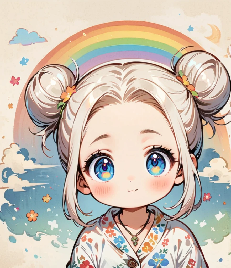 Draw a rainbow in the background、Gardenia flower、 Cartoon style character design，1 Girl, alone，Big eyes，Cute expression，Two buns hair，Floral Shirt，interesting，interesting，Clean Lines
