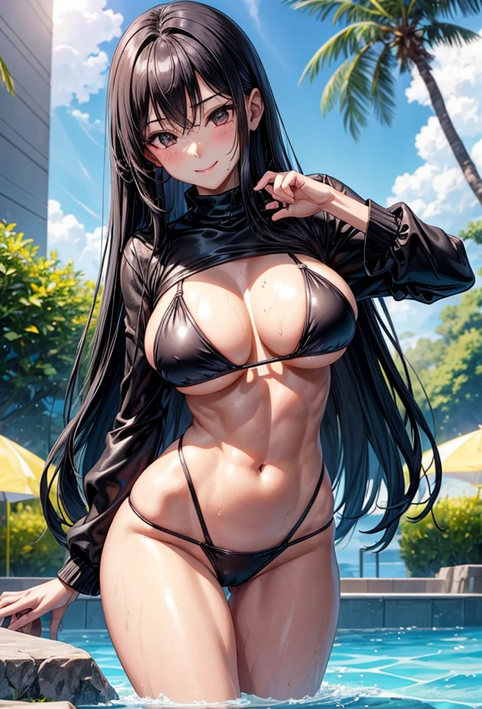 beautiful girl、Big Breasts、Black Hair、Long Straight、Great style、Nice body、Abdominal muscleuscular、Beautiful buttocks、Toned Legs、The whole body is visible、Wet skin、Sexy pose、gravure、gravureアイドル、Midsummer Pool、Black Bikini、A gentle smile、One girl