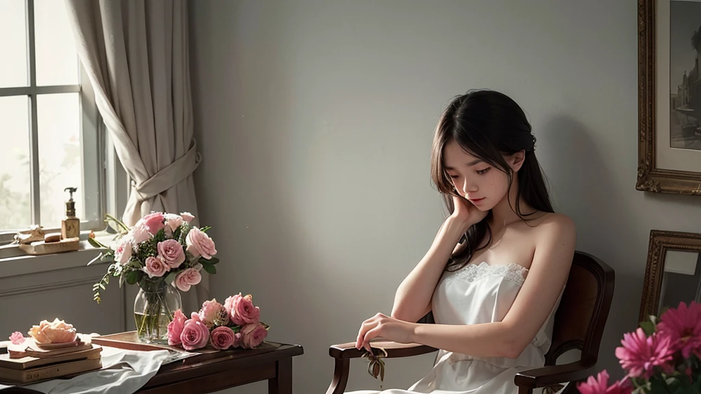 A photo of a beautiful girl, heartbroken from a recent breakup, sitting on a chair holding a wilted flower. Her expression is full of sadness and contemplation, capturing the depth of her emotions. The setting is intimate and subdued, with soft lighting and muted colors, emphasizing her melancholic state and the symbolism of the wilted flower in her hand.