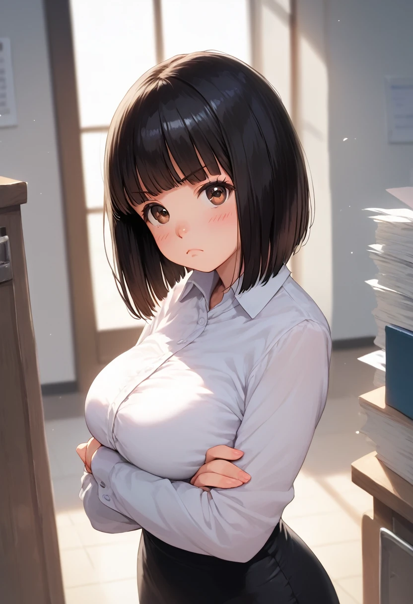 score_9,score_8_up,score_7_up,masterpiece,best quality, source anime, realistic, super detailed, extreme detailed, rating_safe,
1girl, standing, crossed arms, glare at viewer, sideways glance,
BREAK girl, 22yo, short hair, bob cut, (blunt bangs), black hair, (tareme, detailed cute brown eyes), curled eyelashes, (large breasts:0.9), 
shiny hair, beautiful detailed eyes, beautiful face,
white collared shirt, black jacket, black tight mini skirt,
blush, frown, (puffy cheeks), 
office,