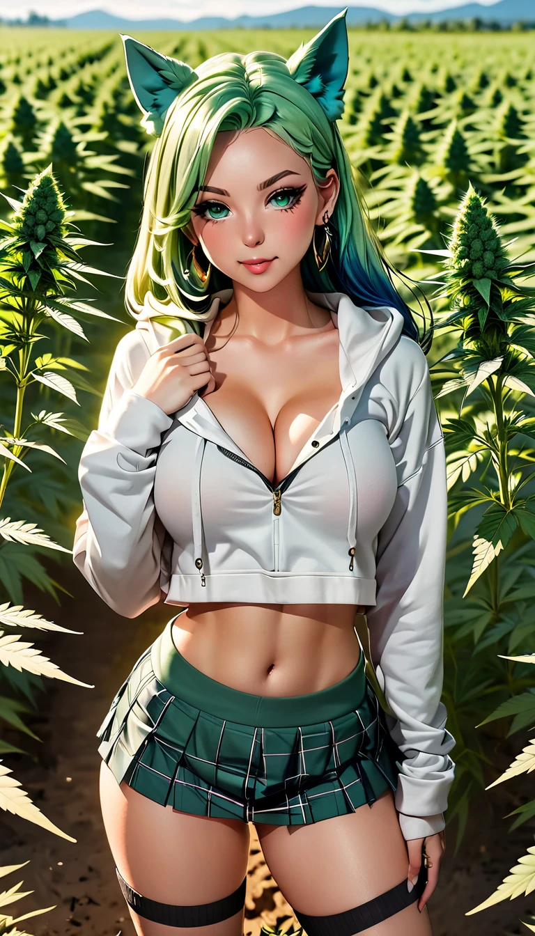 , Croped, , cleavage, slim waist, cropped hoodie underboob, cropped hoodieunderboobhoodie, 1girl, 2 wolf ears, wolf tail, marijuana crop hoodie, crop shorts, marijuana hoodie, spiky hair, spiky fur, green hair, red eyes,marijuana field, tight clothes, perfect eyes, perfect hands, clear resolution, full body, cleavage skin, marijuana plants, open hoodie, marijuana field, black thigh high socks, full body, earrings, 1girl, skirt, cleavage, slim waist, cleavage, slim waist, hair pulled back, big breast, round butt, slim waist, best quality, sexy pose, thick thighs, D-cup breast,