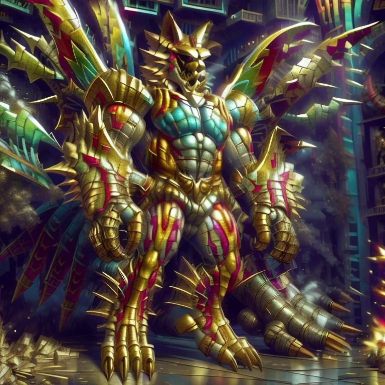 (masterpiece. official art. 8k. best quality. detailed full body. full body.)
(situation 1 : dominating The Phoenix Wolf. The Phoenix Wolf is over 1000 meters long. focus GIANT mechanical Muscular The Phoenix Wolf is trampling the car. Looking down.)
(situation 2 :smoke and flames rising from the destruction in the city)
(Additional details 1: Wearing golden Armor. Cape. Helmet. real texture material. whole body shines like metal. emphasizes the muscles. suit fully made of metal. Robotic suit. no face.).
(Additional details 1.5: The arms are golden. The lower half of the body is golden. The wolf-shaped helmet has sharp fangs. The whole body is golden. The chest area is also golden. There is a ring above the head.).
(Additional details 2: Detailed head. Detailed Body. Detailed abs. gigantic muscles. HYPER MUSCLES. Gigachad Muscular. big muscle. pecs. triceps. traps. unusually developed muscular body. body full of huge muscles. showing off muscles. pectorales enormes. Exaggeratedly huge muscles. huge muscles. long legs.).
(Additional details 3: Spread wings. It has wings. The claws are sharp. Sharp teeth.). He is laughing defiantly. The claws are sharp. Sharp teeth.).
(Additional details 3.5 : nj5furry, He is laughing defiantly. medieval armor.).
(Additional details 4: golden dick, golden cock, golden hyper penis. hyper golden penis. big penis)
Armored Flazzard
