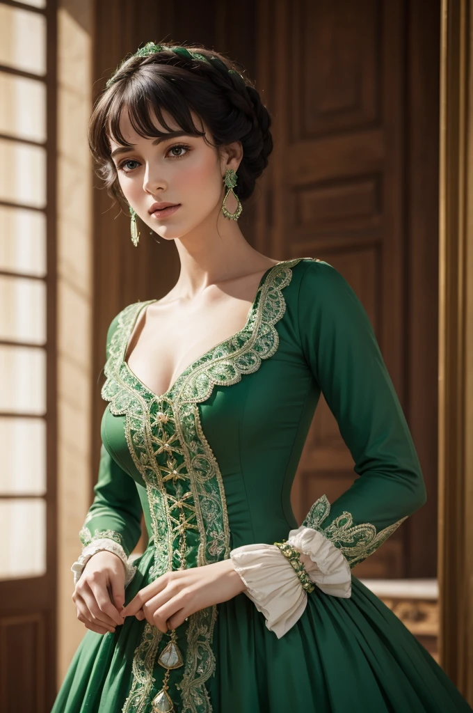 Strong green Regency dress with emerald stones, bright and beautiful