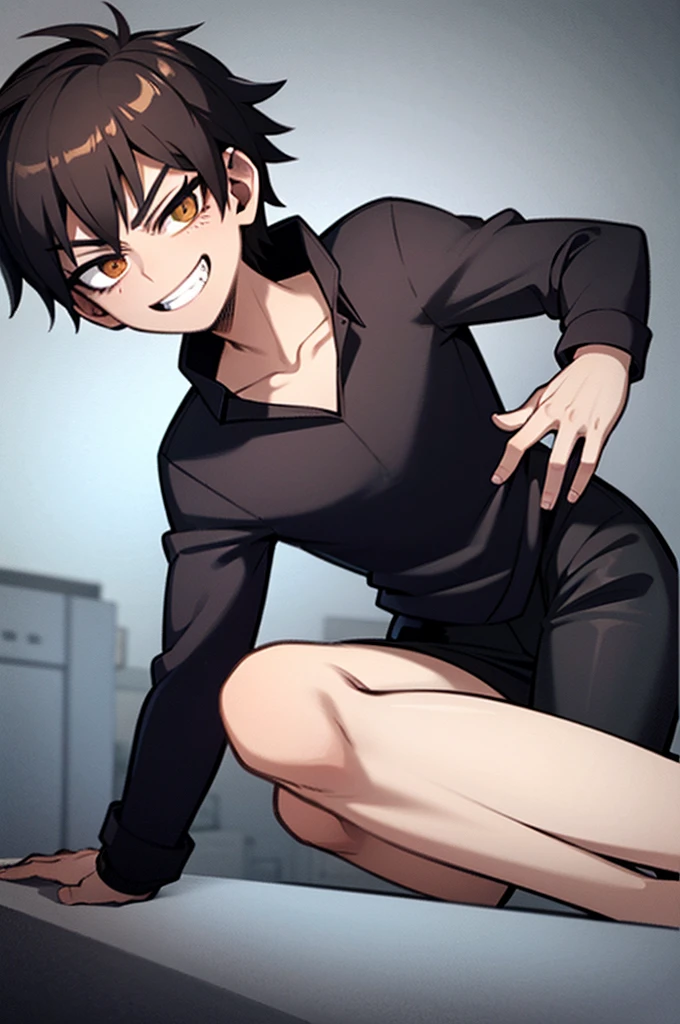 boy with confident look intimidating smile, over everything black clothes brown eyes straight black hair
