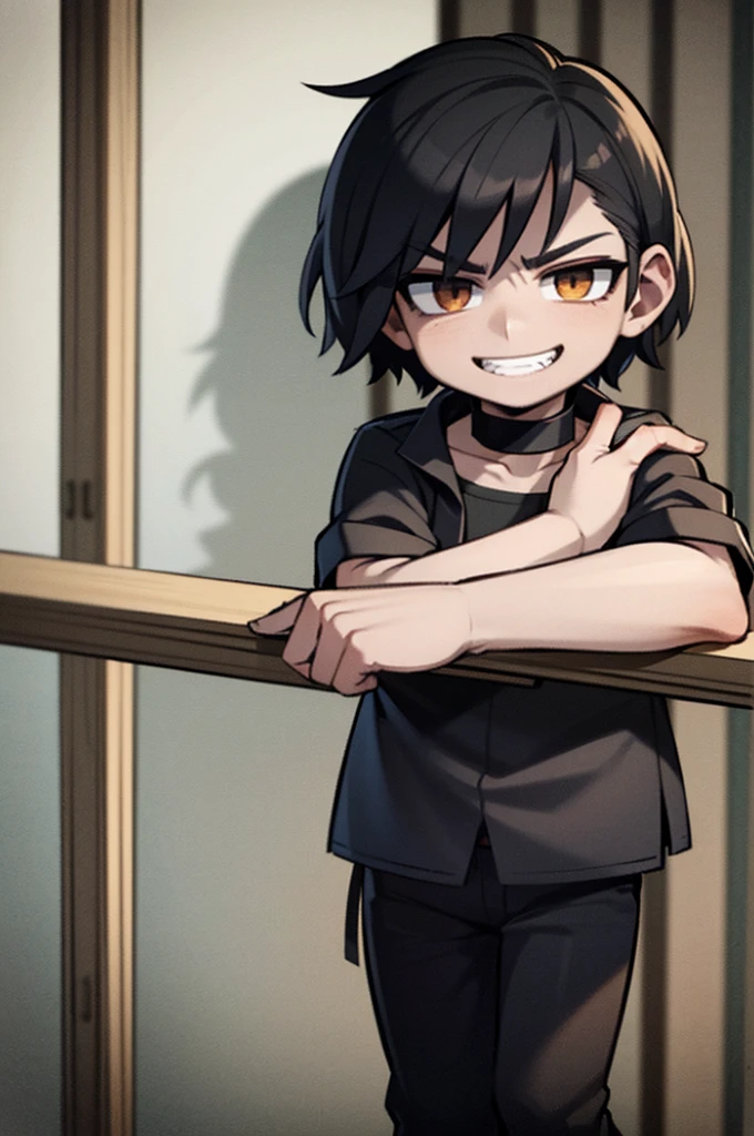boy with confident look intimidating smile, over everything black clothes brown eyes straight black hair 