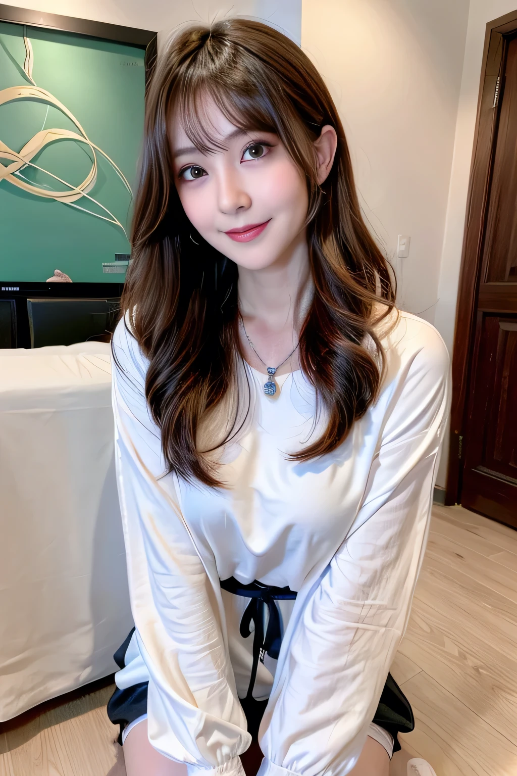 seed;88117315,((Full Body Angle))、Front hair:1.3))、((Highest quality, 8K, masterpiece: 1.3)), concentrated: 1.2, Cute girl 1,Nipples erect、 Perfect beauty: 1.4,T-Shirts、Shorts、pajamas: 1.2,Long sleeve、Randall Color、comics&Text Graphics、Black ruffle-trimmed drawstring zip blouse,1.1, Highly detailed face and skin textures, Fine grain, double eyelid, whitening skin, ,Highest quality,Ultra-high resolution,you,1 girl,alone,_Shiny_skin,Iris,necklace,((brown_length_Wavy_hair)),(lips)),eyelash,Front hair,deal with,compensate,Shiny,pore,skin,Large Breasts、((smiling face))、living、