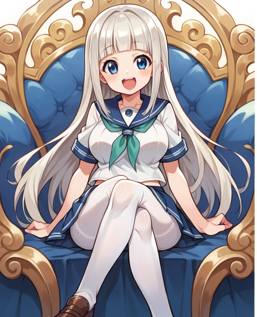 masterpiece, best quality, masterpiece,best quality,official art,extremely detailed CG unity 8k wallpaper, , ,( mesugaki), platinum blonde hair, hime_cut, cute face, laughing, large breasts, blue eyes, pleated_skirt, serafuku, white pantyhose, uwabaki, crossed_legs,