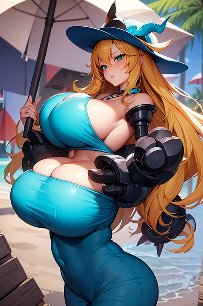 a cartoon picture of a woman with a hat and a blue heart necklace, oppai, big breasts!, biomechanical oppai, big breasts!!, cleavage, nami, (sfw) safe for work, sfw version, sfw huge breasts, with a large breasts, with large breasts, nami one piece, big breasts. Green eyes, blonde hair, on a beach