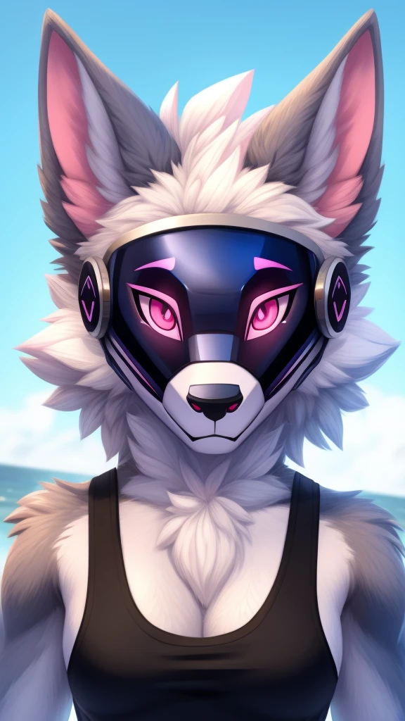 Furry wolf female protogen anthropomorphic white fur pink eyes blue ears wearing a black tank top headshot view 