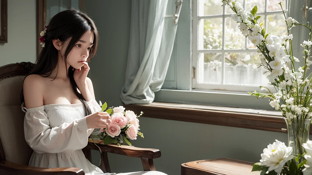 A photo of a beautiful girl, heartbroken from a recent breakup, sitting on a chair holding a wilted flower. Her expression is full of sadness and contemplation, capturing the depth of her emotions. The setting is intimate and subdued, with soft lighting and muted colors, emphasizing her melancholic state and the symbolism of the wilted flower in her hand.