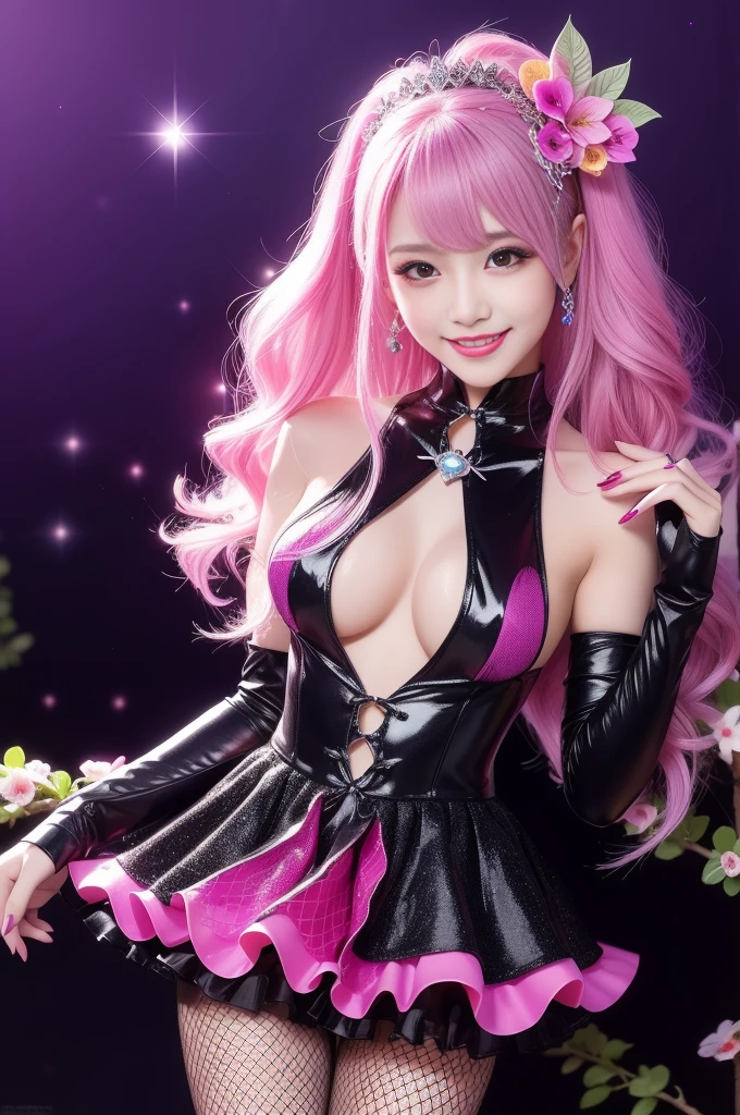 beautiful sexy female who controls poison、beautiful smile、lipgloss、professional makeup、full body Esbian、、sparkling poisoned flower costume、、、、sparkling Colorful hair、secrete poison、skull hair accessories、fishnet tights、flowers background