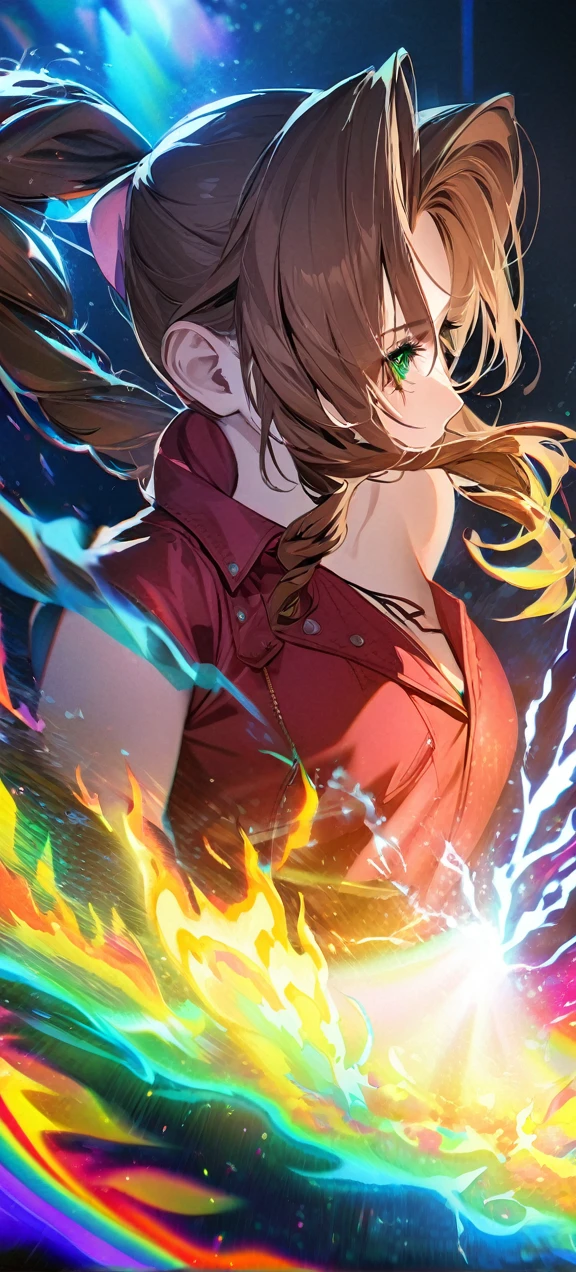 Symetrical,absurdres, highres, ultra detailed, HDR, masterpiece, extremely detailed face and eyes, aerith gainsborough ,final fantasy 7, , , solo, women , beautiful, ,, , beautiful pose scene,colorful flowers effect, colorful lightning effect,glowing glitters, ,colorful flames effect, colorful aura effect, colorful splashing, surrounded by colorful flowers energy