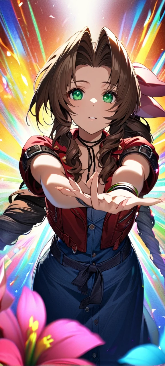 Symetrical,absurdres, highres, ultra detailed, HDR, masterpiece, extremely detailed face and eyes, aerith gainsborough ,final fantasy 7, , , solo, women , beautiful, ,, , beautiful pose scene,colorful flowers effect, colorful lightning effect,glowing glitters, ,colorful flames effect, colorful aura effect, colorful splashing, surrounded by colorful flowers energy