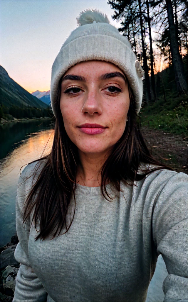 photorealistic, best quality, hyper detailed, beautiful woman, selfie photo, upper body, solo, wearing pullover, outdoors, (night), mountains, real life nature, stars, moon, (cheerful, happy), sleeping bag, gloves, sweater, beanie, flashlight, forest, rocks, river, wood, smoke, fog, clear sky, analog style, looking at viewer, skin texture, film grain, close up, ultra high res, best shadow, RAW, instagram LUT