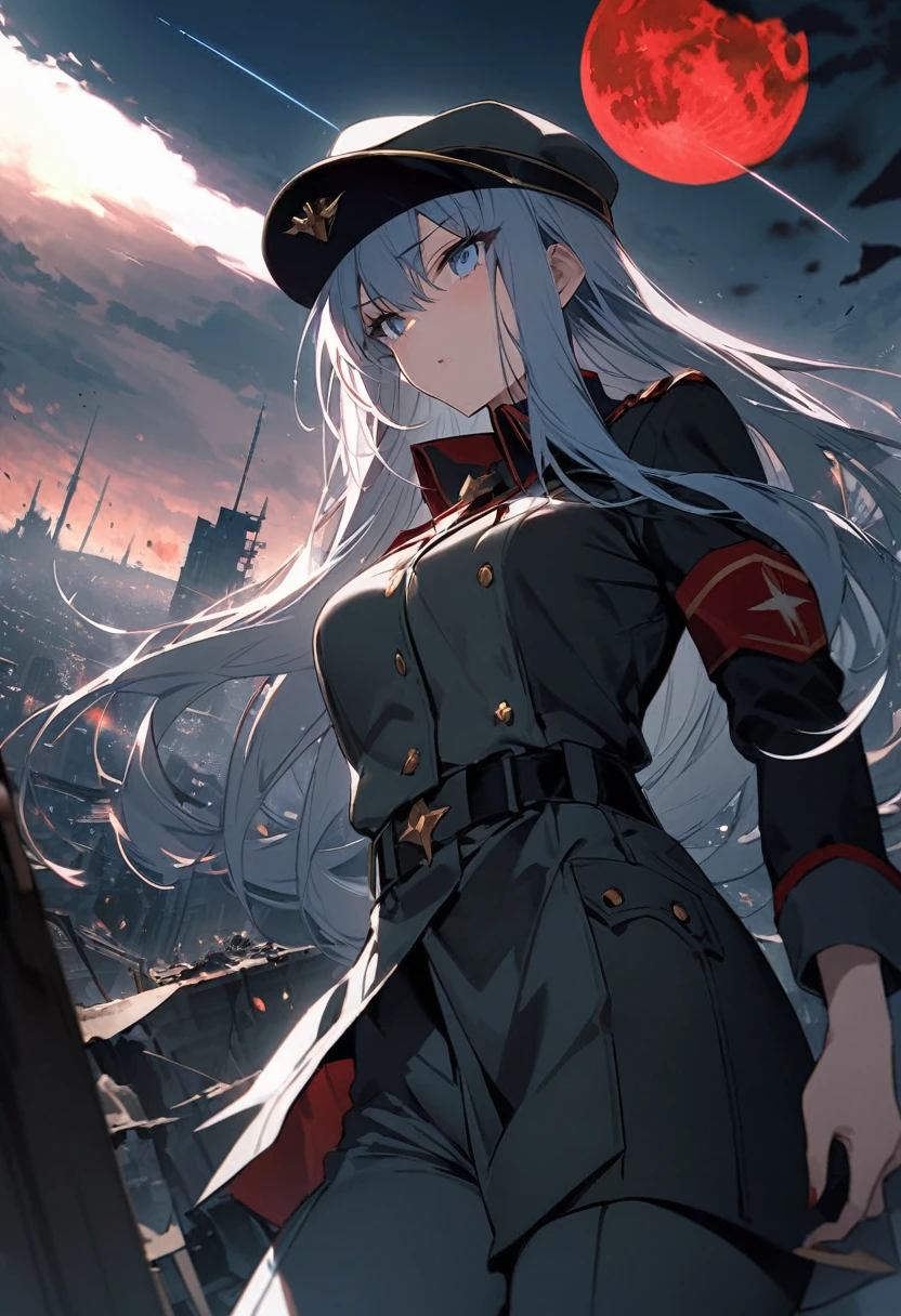 Facing forward　girl　Military uniforms with a white base and some black　Spectacular Background　A shooting star is falling　Beautiful night view　　　She is on the right　On the left you can see the destroyed city.　He has a gun　　　服にはplaneが描かれています　背景の上部にはFighterが飛んでいます　Red Moon　blue eyes　　There is one person　light blue long hair　wearing a military cap　war　I'm wearing pants　Precision　masterpiece　girlにクローズアップ　girlを正面から見ています　Straight Hair　long hair　soldier　battlefield　{超Precision} Satanic　She's angry　But I&#39;m angry　Hanging eyes　Anime Style　 {war} {Gunfight} {Fighterの擬人化} Fighter　tank　Battleship　plane　Thunder Day　Mechanical Man　宇宙Battleshipヤマトの武装をつけています　A dignified expression　F-16Fighterの翼を背中につけています　tankがいます