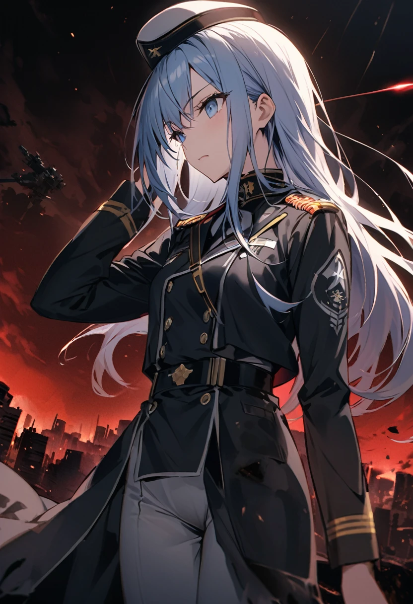 Facing forward　girl　Military uniforms with a white base and some black　Spectacular Background　A shooting star is falling　Beautiful night view　　　She is on the right　On the left you can see the destroyed city.　He has a gun　　　服にはplaneが描かれています　背景の上部にはFighterが飛んでいます　Red Moon　blue eyes　　There is one person　light blue long hair　wearing a military cap　war　I'm wearing pants　Precision　masterpiece　girlにクローズアップ　girlを正面から見ています　Straight Hair　long hair　soldier　battlefield　{超Precision} Satanic　She's angry　But I&#39;m angry　Hanging eyes　Anime Style　 {war} {Gunfight} {Fighterの擬人化} Fighter　tank　Battleship　plane　Thunder Day　Mechanical Man　宇宙Battleshipヤマトの武装をつけています　A dignified expression　F-16Fighterの翼を背中につけています　tankがいます