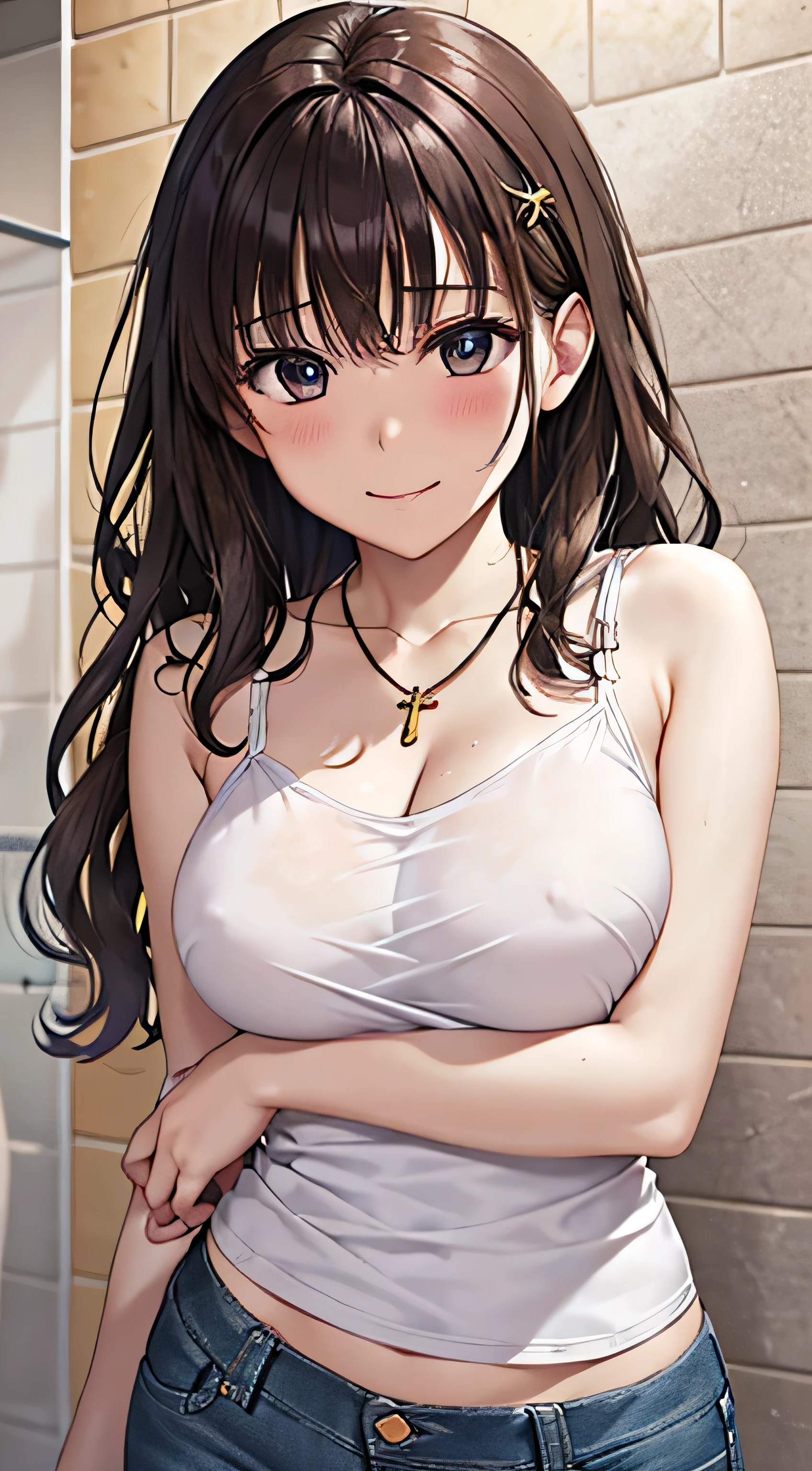 ((Tabletop, Highest quality, High resolution, , Pixel Perfect, 4K,))), 1 female, 、The whole body is visible、 ((Long Wavy Hair, bangs, Brown Hair)), ((Brown eyes, Beautiful eyelashes, Realistic eyes)), ((Detailed face, Blushing:1.2)), ((Smooth texture:0.75, Realistic texture:0.65, Realistic:1.1, Anime CG Style)), Medium sized , Dynamic Angle, Perfect body, (( , , White camisole、No bra、Soft 、 Tight jeans pants、、)), Gold Hair Ornament、Cross Necklace、、Very embarrassing panic smile, 、、、、、、Nipplesightly visible、、、Poses that accentuate the chest、Stick your butt out、Hotelwer room、、、、 、)、