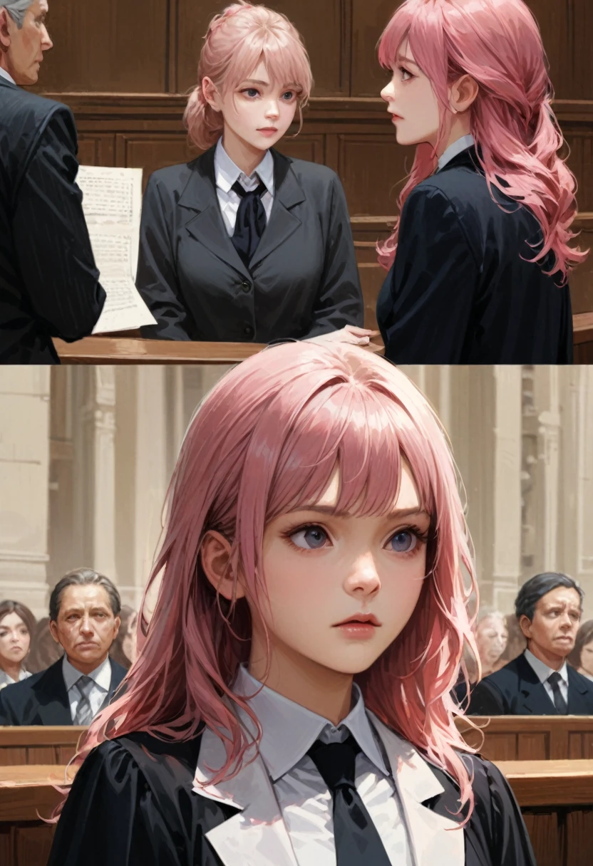 girl, lawyer, court, speech, discuss, Detailed Background, Realistic, Movie stills, Highest quality, masterpiece, so beautiful, Perfect composition, Intricate details, Super detailed, Animajin, (pink hair,