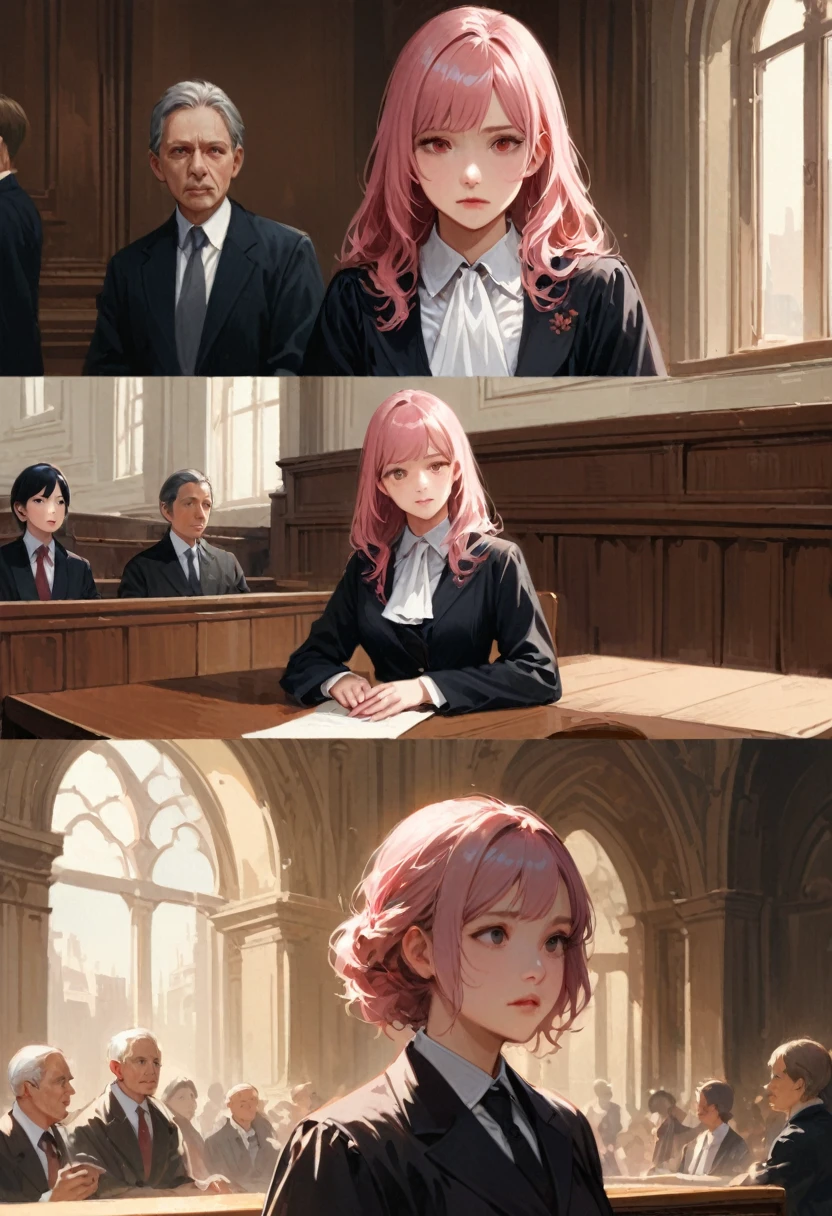 girl, lawyer, court, speech, discuss, Detailed Background, Realistic, Movie stills, Highest quality, masterpiece, so beautiful, Perfect composition, Intricate details, Super detailed, Animajin, (pink hair,