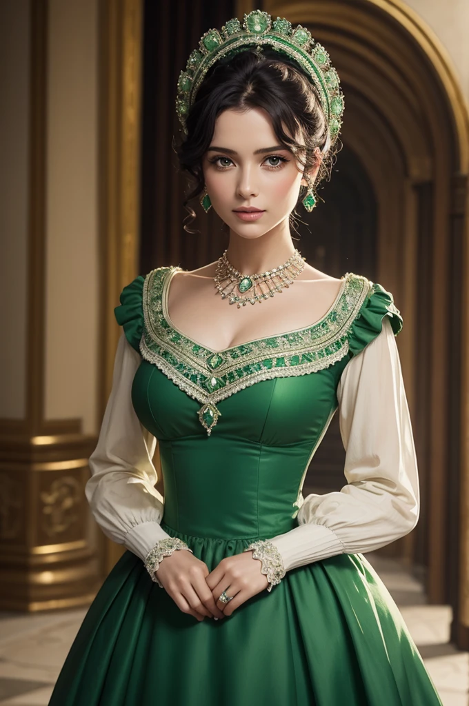 Strong green Regency dress with emerald stones, very bright and fabulous