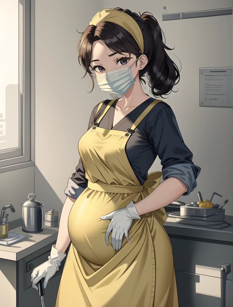 ((masterpiece, best quality, high quality)),1girl, pregnant, (lower body, hospital),   (doctor_apron, apron, mask, bouffant cap, gloves, surgical mask,scrubs),