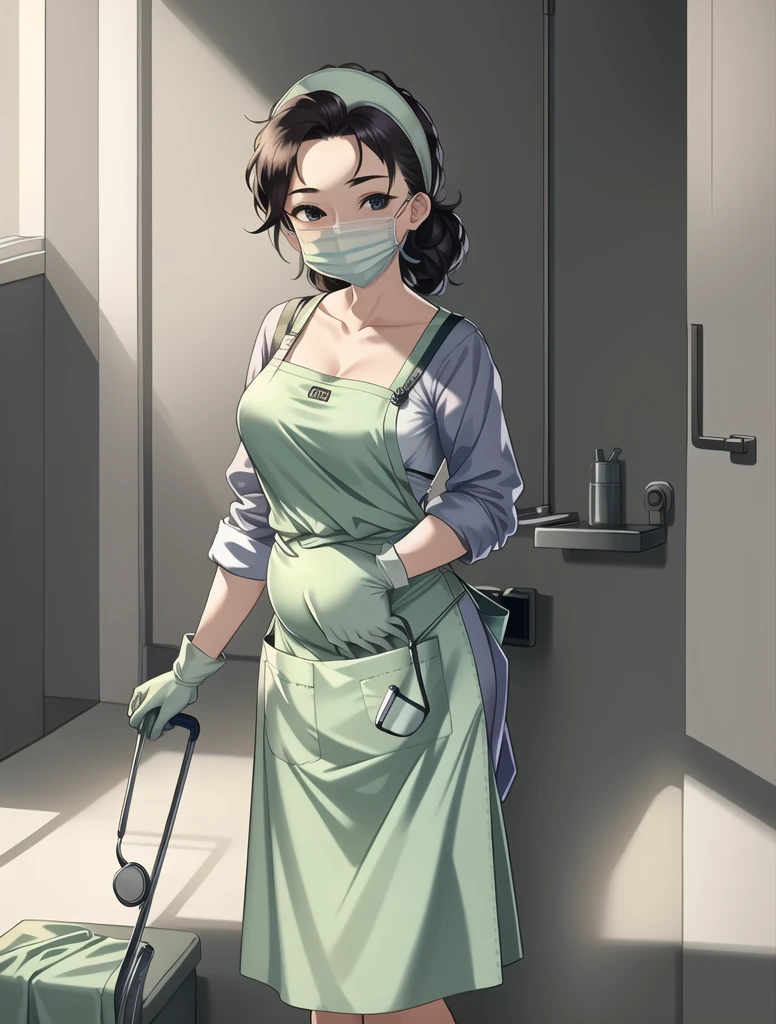 ((masterpiece, best quality, high quality)),1girl, pregnant, (lower body, hospital),   (doctor_apron, apron, mask, bouffant cap, gloves, surgical mask,scrubs),