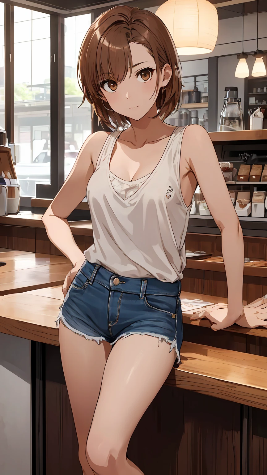 (Highest quality:1.5, High resolution, uhd, 4K, Detailed lighting, Shaderisaka Mikoto 独奏 Cool look Brown eyes Brown Hair short hair、Tank top:Random color 1pc.2、Short jeans、At the cafe、Coffee on the table、Small breasts 、Exposed cleavage