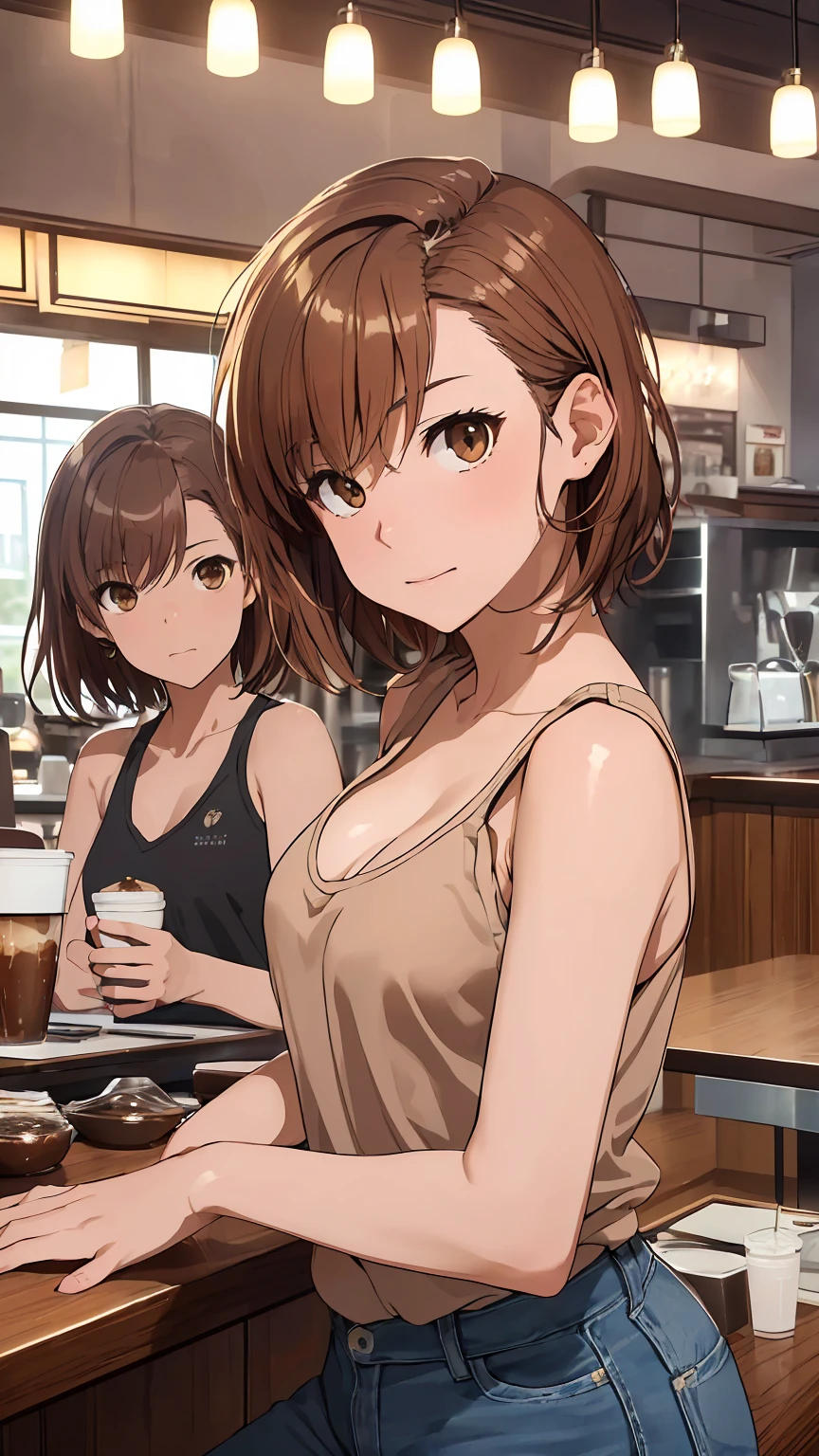 (Highest quality:1.5, High resolution, uhd, 4K, Detailed lighting, Shaderisaka Mikoto　　独奏 　Cool look　Brown eyes　Brown Hair　short hair、Tank top:Random color 1pc.2、Short jeans、At the cafe、Coffee on the table、Small breasts 、Exposed cleavage