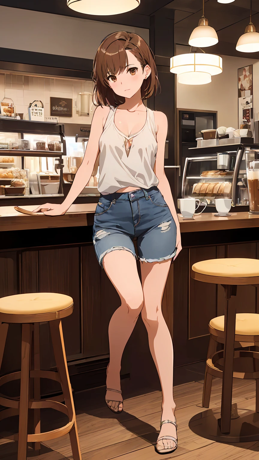 (Highest quality:1.5, High resolution, uhd, 4K, Detailed lighting, Shaderisaka Mikoto 独奏 Cool look Brown eyes Brown Hair short hair、Tank top:Random color 1pc.2、Short jeans、At the cafe、Coffee on the table、Small breasts 、Exposed cleavage