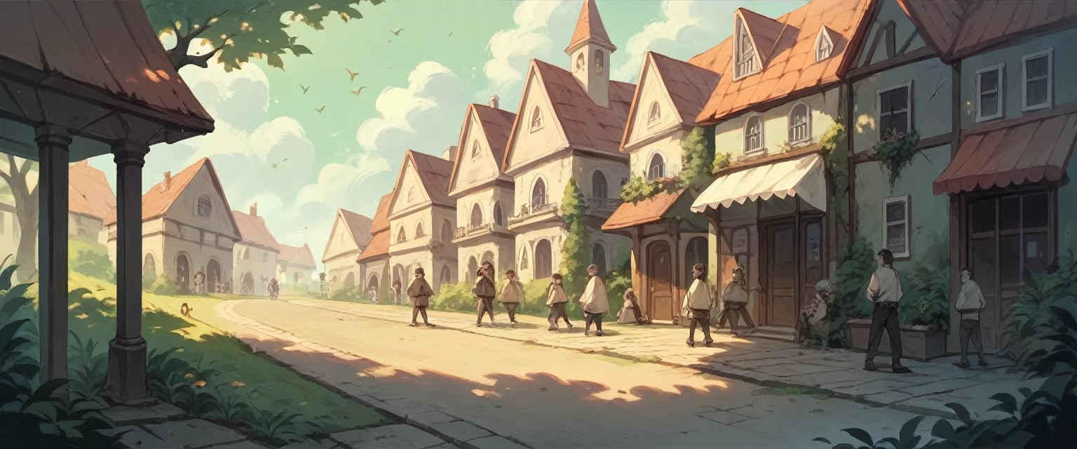 ((best quality)), (detailded), a central avenue in the center of the image, on the sides of buildings and houses, some trees on the sidewalk, ((no vehicles present)), (Zombie attacking people)