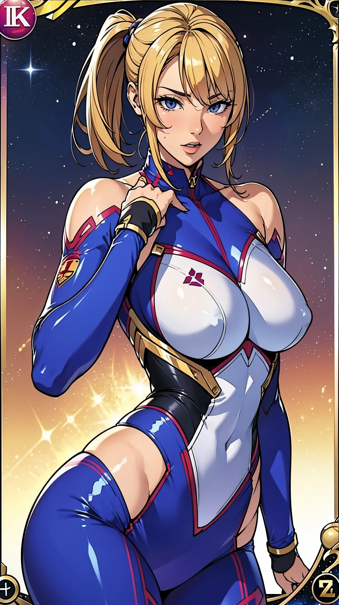 (masterpiece:1.2, Highest quality),(Very detailed),8K,wallpaper,1 female,Mature Woman,48 years old,Sentai Heroine,Muscular,((Metallic squadron suit)),(((Better Hands))),((The background is Galaxy Flash)),Random hairstyle,Random Pause,(((Beautiful female hands,detailed drawing of a hand))),cyber punk,((Beautiful trading cards,gold framed))