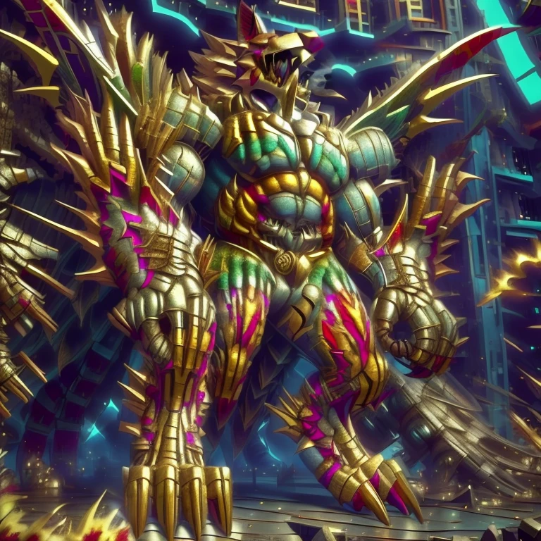(masterpiece. official art. 8k. best quality. detailed full body. full body.)

(situation 1 : dominating The Phoenix Wolf. The Phoenix Wolf is over 1000 meters long. focus GIANT mechanical Muscular The Phoenix Wolf is trampling the car. Looking down.)

(situation 2 :smoke and flames rising from the destruction in the city)

(Additional details 1: Wearing golden Armor. Cape. Helmet. real texture material. whole body shines like metal. emphasizes the muscles. suit fully made of metal.Robotic suit).

(Additional details 1.5: The arms are golden. The lower half of the body is golden. The wolf-shaped helmet has sharp fangs. The whole body is golden. The chest area is also golden. There is a ring above the head.).

(Additional details 2: Detailed head. Detailed Body. Detailed abs. gigantic muscles. HYPER MUSCLES. Gigachad Muscular. big muscle. pecs. triceps. traps. unusually developed muscular body. body full of huge muscles. showing off muscles. pectorales enormes. Exaggeratedly huge muscles. huge muscles. long legs.).

(Additional details 3: Spread wings. It has wings. The claws are sharp. Sharp teeth.). He is laughing defiantly. The claws are sharp. Sharp teeth.). 

(Additional details 3.5 : nj5furry,  He is laughing defiantly. medieval armor.). 

(Additional details 4: golden dick, golden cock, golden hyper penis. hyper golden penis. big penis)

Armored Flazzard