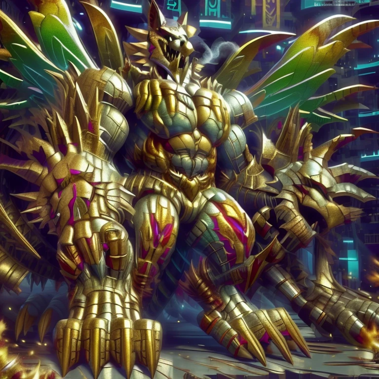 (masterpiece. official art. 8k. best quality. detailed full body. full body.)

(situation 1 : dominating The Phoenix Wolf. The Phoenix Wolf is over 1000 meters long. focus GIANT mechanical Muscular The Phoenix Wolf is trampling the car. Looking down.)

(situation 2 :smoke and flames rising from the destruction in the city)

(Additional details 1: Wearing golden Armor. Cape. Helmet. real texture material. whole body shines like metal. emphasizes the muscles. suit fully made of metal.Robotic suit).

(Additional details 1.5: The arms are golden. The lower half of the body is golden. The wolf-shaped helmet has sharp fangs. The whole body is golden. The chest area is also golden. There is a ring above the head.).

(Additional details 2: Detailed head. Detailed Body. Detailed abs. gigantic muscles. HYPER MUSCLES. Gigachad Muscular. big muscle. pecs. triceps. traps. unusually developed muscular body. body full of huge muscles. showing off muscles. pectorales enormes. Exaggeratedly huge muscles. huge muscles. long legs.).

(Additional details 3: Spread wings. It has wings. The claws are sharp. Sharp teeth.). He is laughing defiantly. The claws are sharp. Sharp teeth.). 

(Additional details 3.5 : nj5furry,  He is laughing defiantly. medieval armor.). 

(Additional details 4: golden dick, golden cock, golden hyper penis. hyper golden penis. big penis)

Armored Flazzard