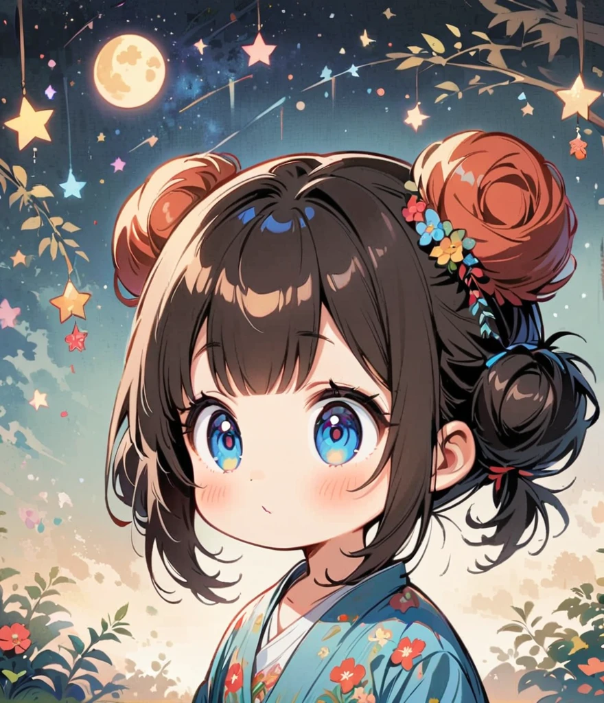 Draw the Milky Way in the background、Tanabata、 Cartoon style character design,1 Girl, alone,Big eyes,Cute expression,Two buns hair,Floral Shirt,interesting,interesting,Clean Lines