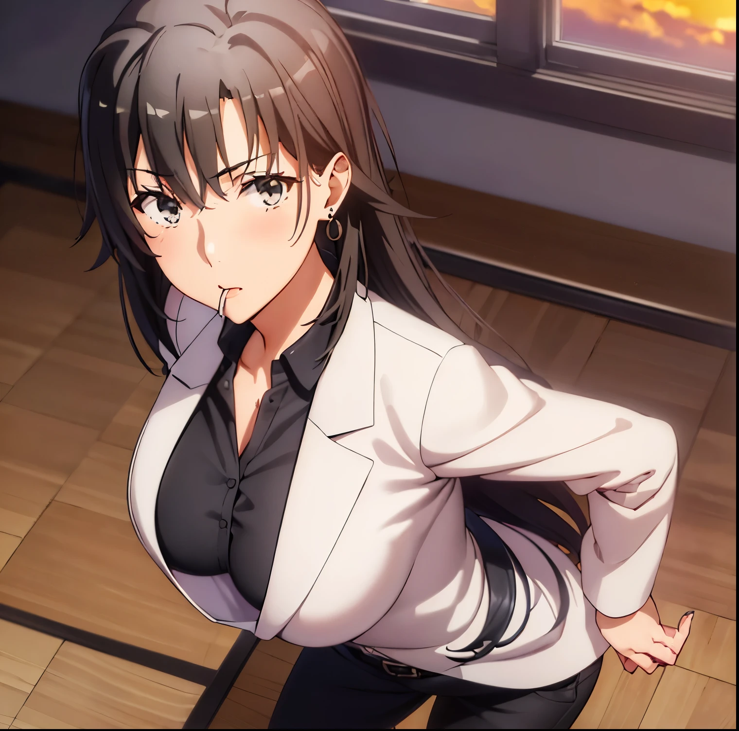 ((1 girl)),((alone)), Shizuka hiratzuka,((Extremely detailed CG unity 4k wallpaper)),(Masterpiece),(ultra quality),(Ultra detailed),(best illustration),( best shadow),(extremely detailed),(absurdities),(detailed background),curvy body,cowboy shot,looking at viewer,dynamic pose,depth of field,large breasts,narrow waist,wide hips,medium thighs,butt round, sweater, black hair, long hair, airy hair, mature, adult woman, blush, gray eyes, beautiful detailed eyes, light skin, soft skin, seductive look, hands on hips,((black pants:1.3, tight pants , black underwear, black bra, lab coat:1.2, open coat, belt, black loafers, nail polish)), ((only)), earrings,(( Standing:1.4, indoor, school, office, table , desk, window, sunset)), mouth closed, backlit, looking forward, (( focus on breasts), pov: (from above), perfect anatomy, perfect hands