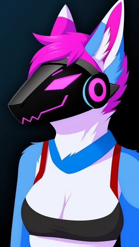 Furry wolf female protogen anthropomorphic white fur pink eyes blue ears wearing a black tank top headshot view