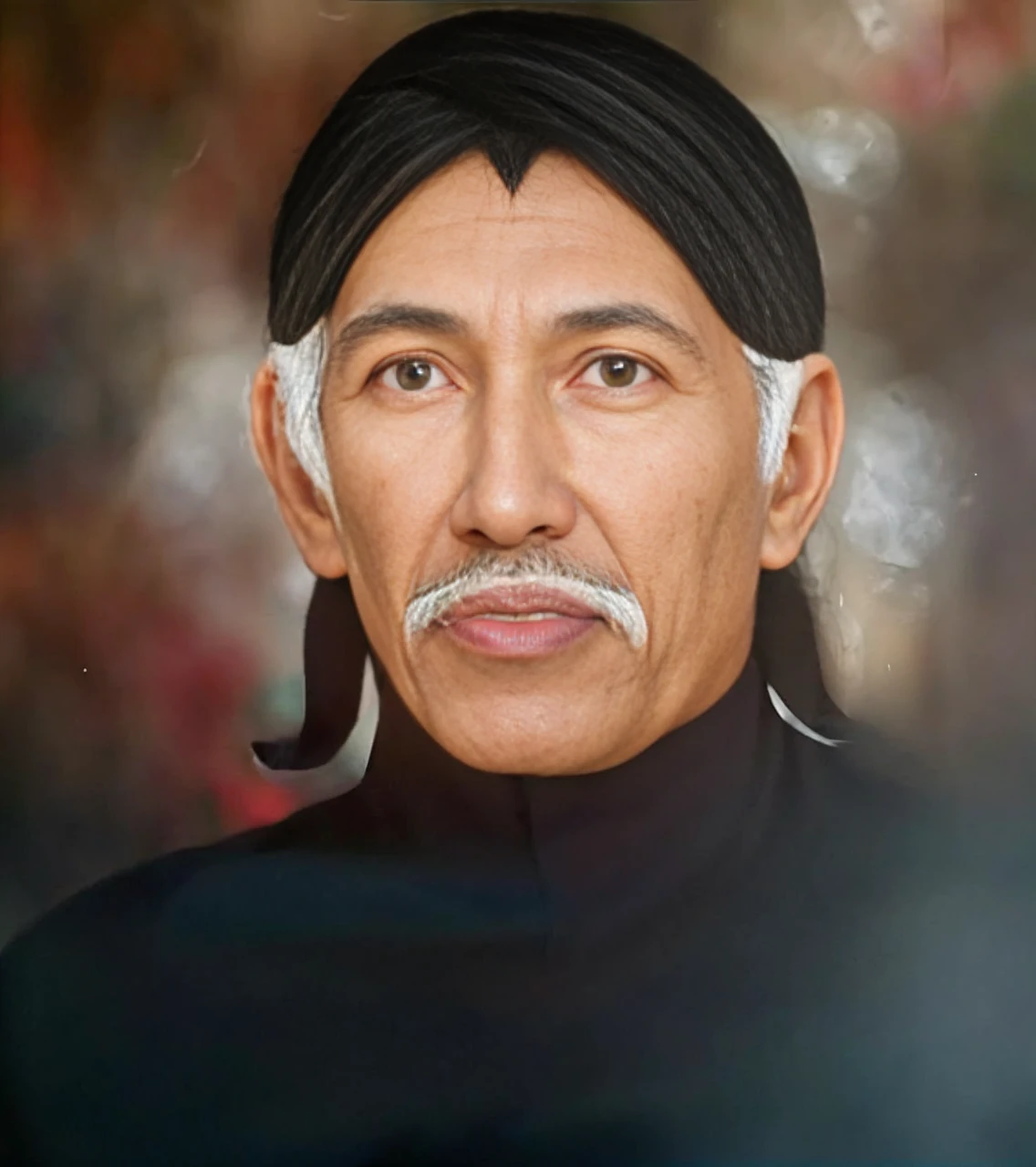 Indonesian Muslim man, wearing blangkon and dark clothes, Javanese, wrinkled brown skin, aged 45 years or over, gray hair and mustache, clear and clean eyes, sharp nose and thick lower lip. HD realistic images
