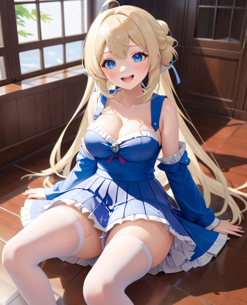 masterpiece, best quality, masterpiece,best quality,official art,extremely detailed CG unity 8k wallpaper, , ,( mesugaki), platinum blonde hair, hime_cut, cute face, laughing, large breasts, blue eyes, pleated_skirt, serafuku, white pantyhose, uwabaki, crossed_legs,